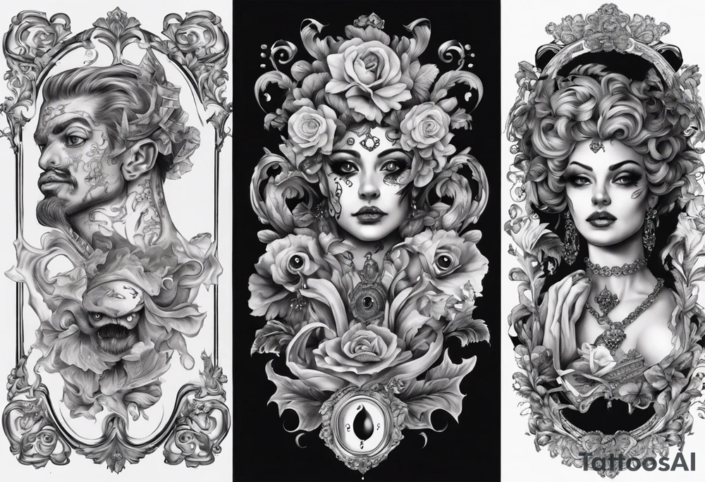 Baroque with card and eye sleeve tattoo idea