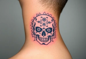 Masculine sugar skull with diamond gemstone eyes and daisy around the skull tattoo idea