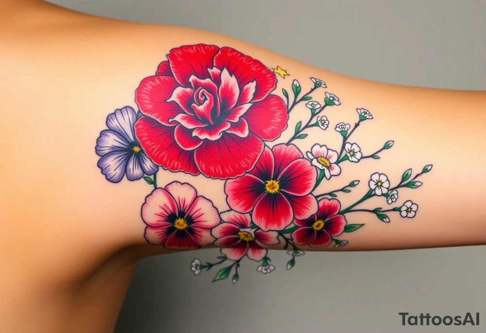 Upper left arm, wrapping slightly from the shoulder to the mid-upper arm, ending at the natural mid-arm curve.

Top center: Large red carnation
Left side: Purple pansy above a blue cosmos flower
Right side: Pink cosmos above a red cosmos
White flowers:
3 between the purple and blue flowers
2 below the pink/red flowers
3 on the branch extending from the right side of the carnation
2 on a branch connecting from the right side of the carnation to the top of the purple pansy
(bouquet)
Neo-Traditional with Realism influence
Bold, clean black outlines
Flat, rich color gradients
Realistic flower detailing: natural petal texture, realistic shading, and depth
Flowing, realistic green branches and leaves
Fine black dots and small line accents
Small gold star next to the top red carnation

 brown skin tone
Neo-Traditional, Realism, Floral Tattoo, Botanical Tattoo, Realistic Flowers, Color Tattoo, Upper Arm Tattoo tattoo idea