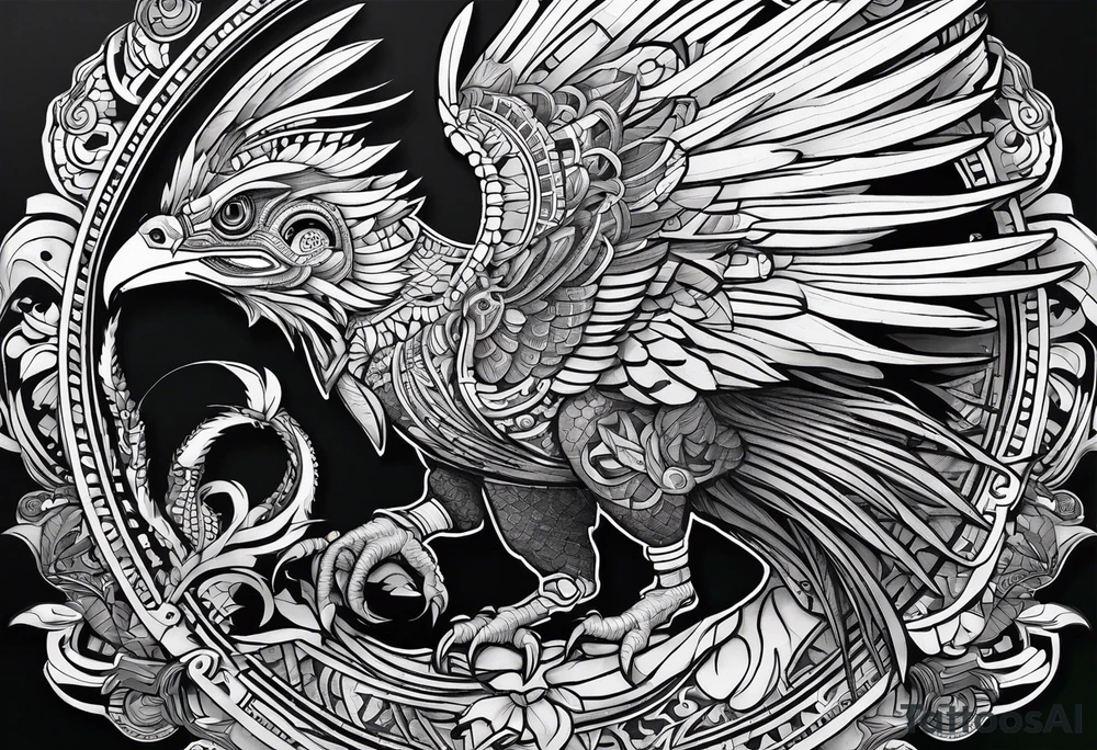 cyberpunk Aztec Quetzal bird/dinosaur that is narrow and has neurons coming from the bottom. tattoo idea