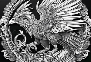 cyberpunk Aztec Quetzal bird/dinosaur that is narrow and has neurons coming from the bottom. tattoo idea