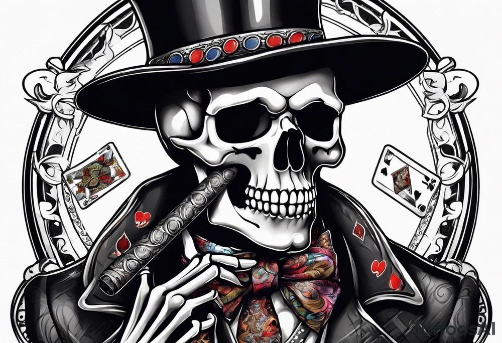 skeleton smoking cigar with poker chips tattoo idea
