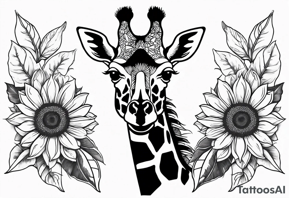 giraffe front view with sunflower and leafs forearm tattoo idea