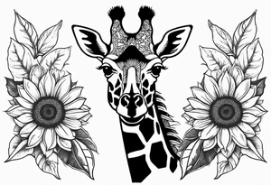 giraffe front view with sunflower and leafs forearm tattoo idea