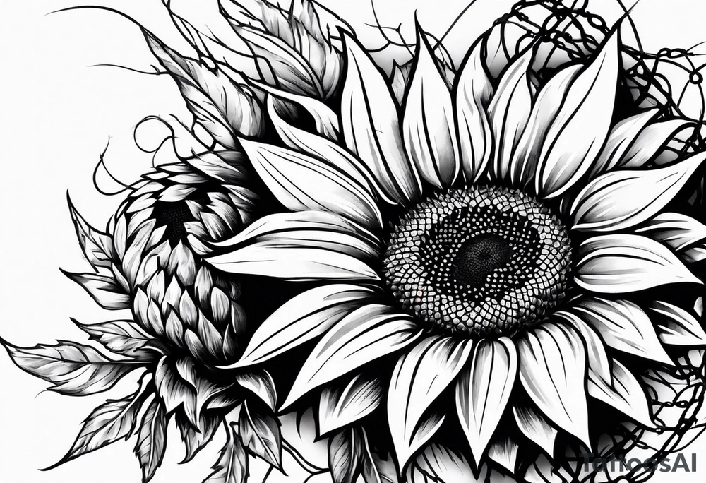 Sunflower and barbed wire half sleeve tattoo idea