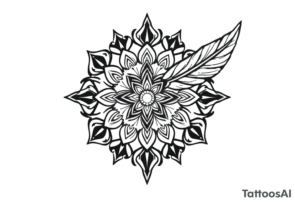 spiritual bold line feather mandala indian tattoo idea