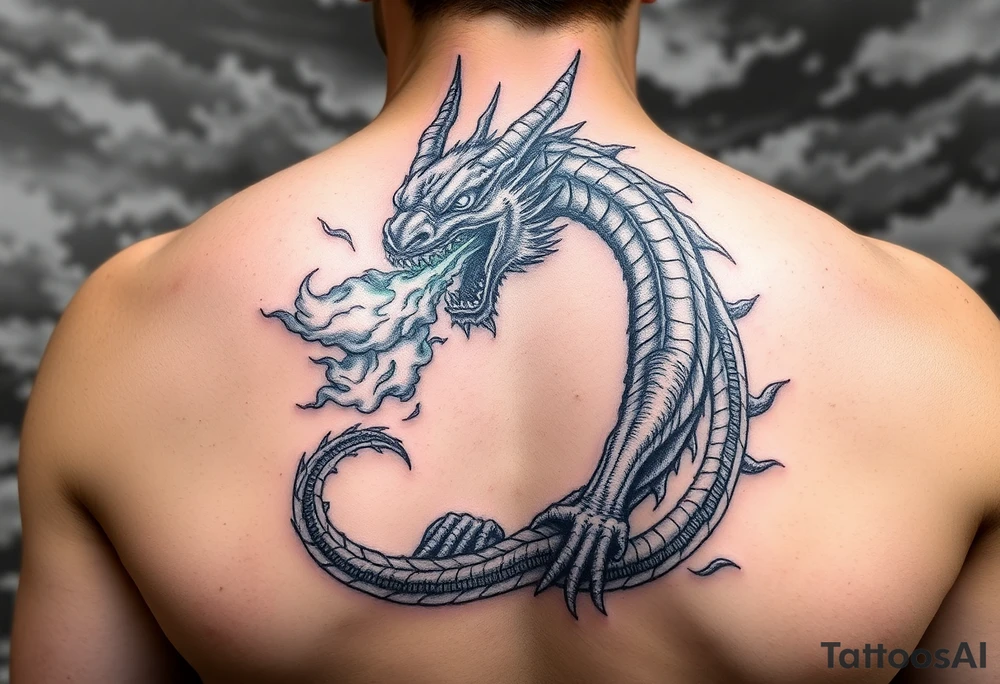 fierce dragon breathing iridescent fire against stormy skies tattoo idea