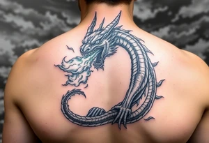 fierce dragon breathing iridescent fire against stormy skies tattoo idea