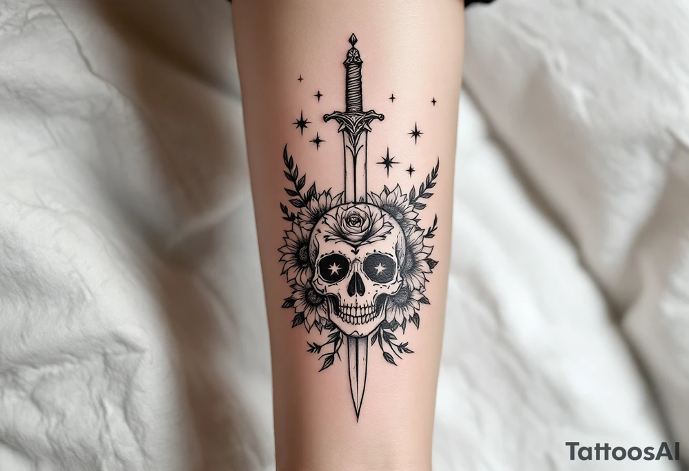 Skull, heart and dagger with roses and sunflowers tattoo idea Skull, heart and dagger with roses and sunflowers tattoo idea