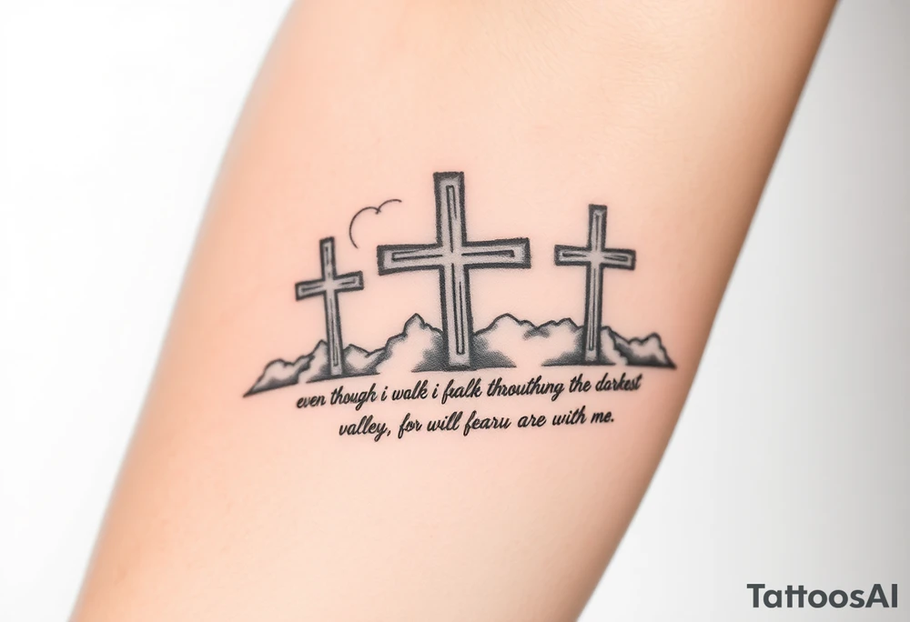 3 large crosses, clouds, even though I walk through the darkest valley, I will fear no evil, for you are with me tattoo idea