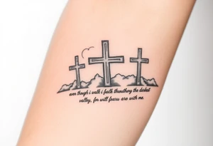 3 large crosses, clouds, even though I walk through the darkest valley, I will fear no evil, for you are with me tattoo idea