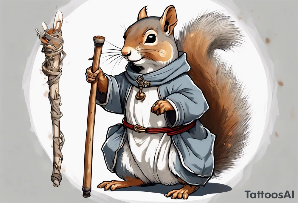 a grey squirrel with one torn ear dressed in a medieval tunic holding a large white stick tattoo idea