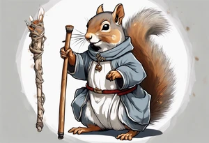 a grey squirrel with one torn ear dressed in a medieval tunic holding a large white stick tattoo idea