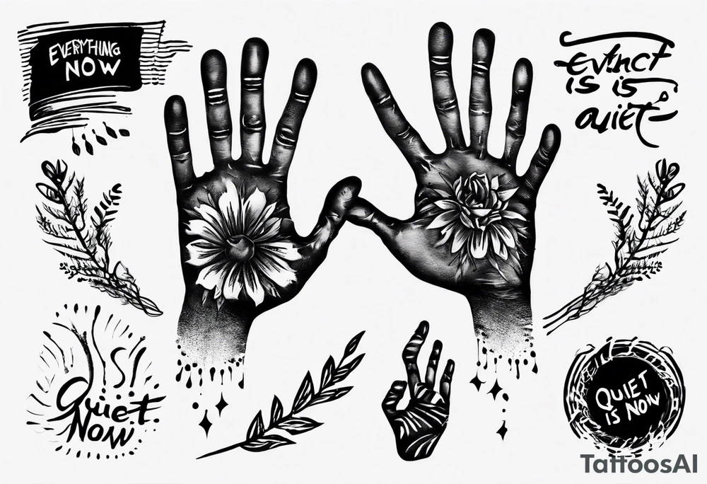 Handprint with words “Everything is Quiet Now” tattoo idea