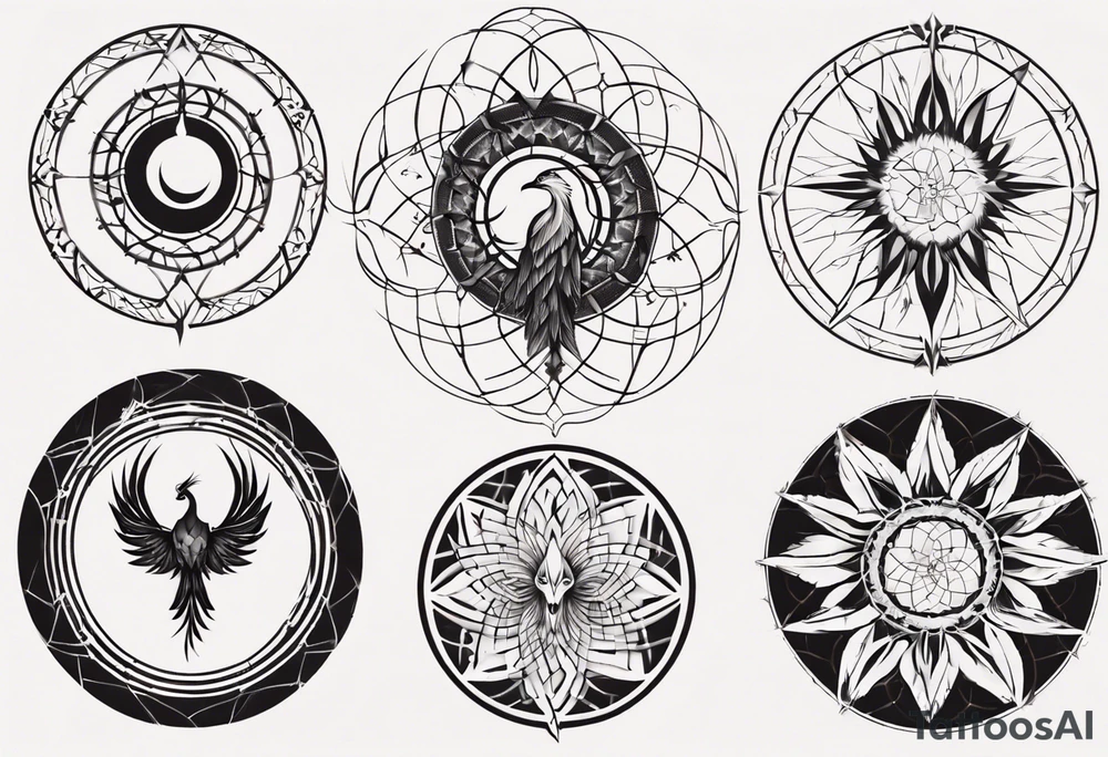 Phoenix rising blending in circles dream catcher tattoo idea