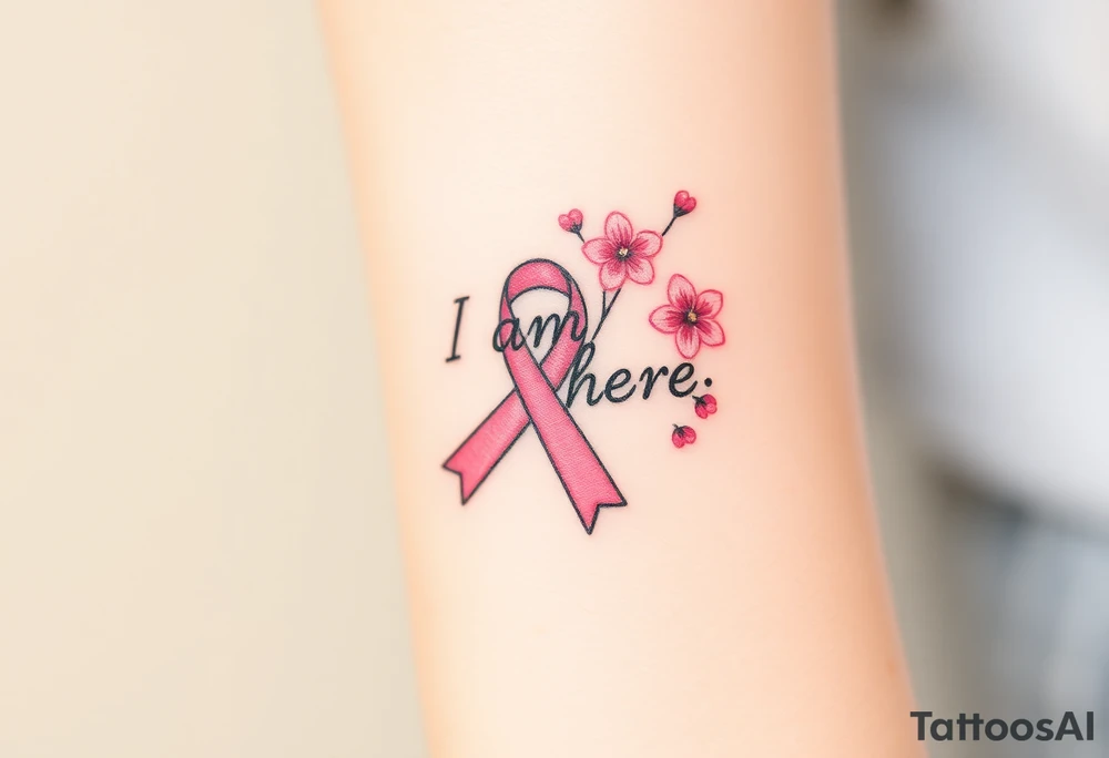 I am here pink ribbon cherry blossom tattoo idea