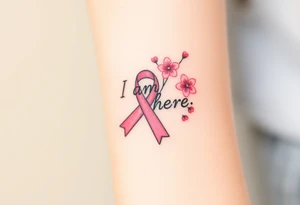 I am here pink ribbon cherry blossom tattoo idea