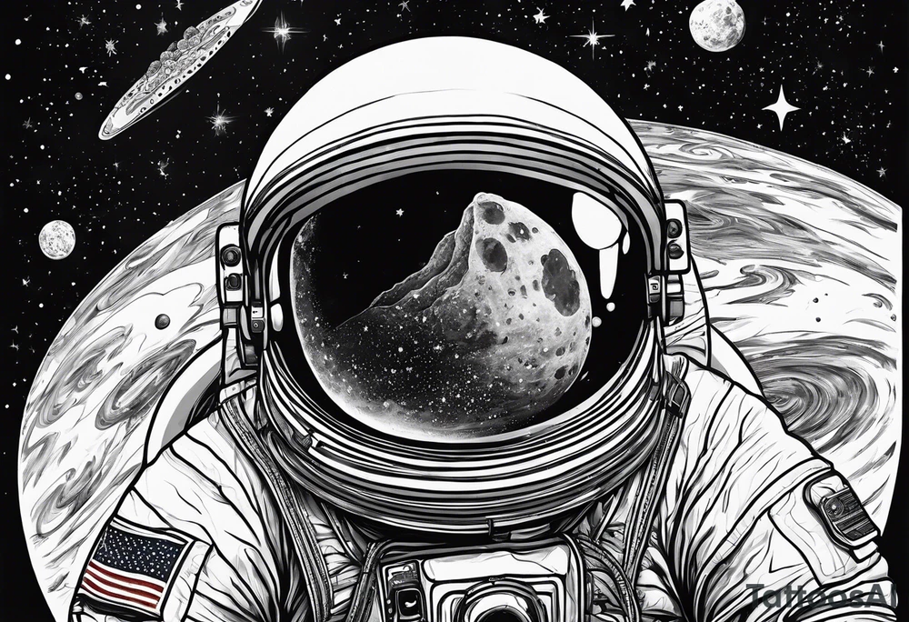 a picture of an astronaut eating a corndog while floating in space showing the full body tattoo idea