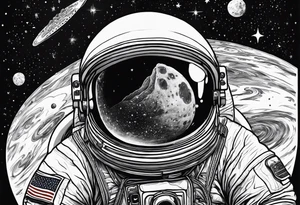 a picture of an astronaut eating a corndog while floating in space showing the full body tattoo idea