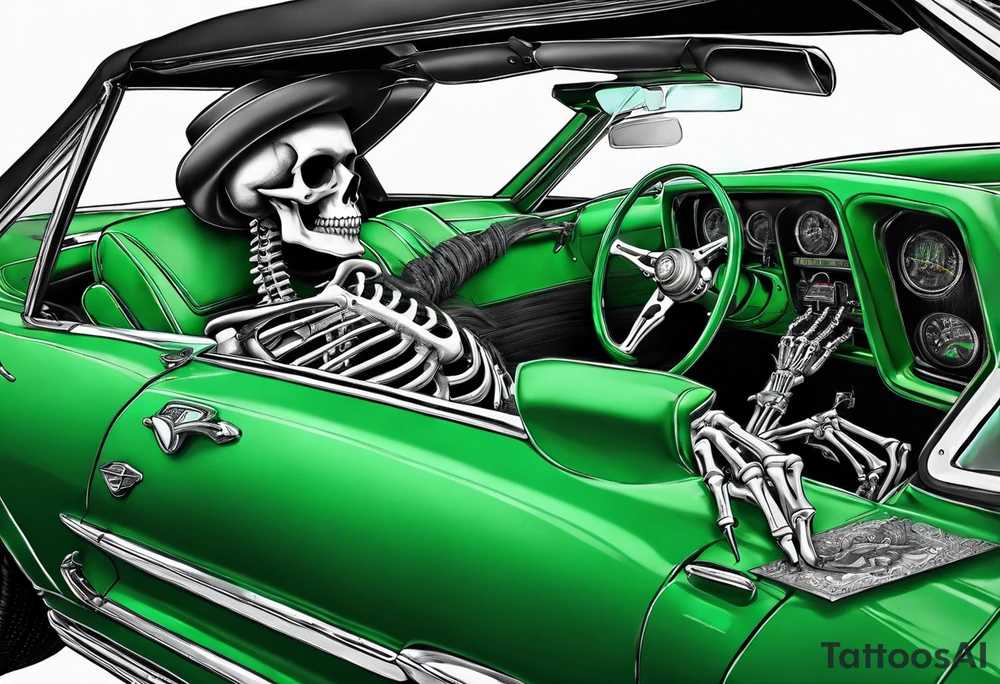 Skeleton smoking a cigarette driving a green 1976 convertible Corvette tattoo idea