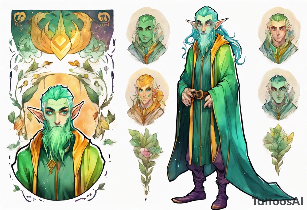 A tall, slender, beautiful elf male with green skin, He is tall and slender, with pale green skin, long rainbow hair, and a gold and green beard. Amber colored eyes. Wearing a teal monastic robe. tattoo idea
