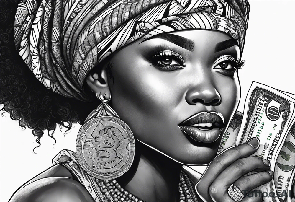 african woman biting money tattoo idea