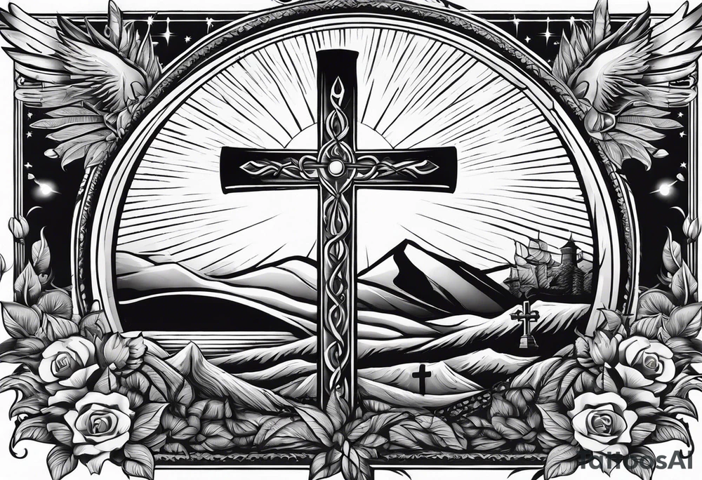 Tomb with cross and sun in the background tattoo idea