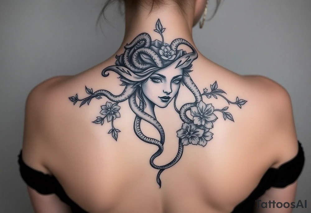 Medusa with snakes and flowers tattoo idea