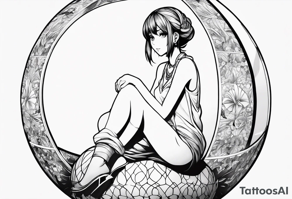 an anime girl sitting on a small sphere, staring front tattoo idea