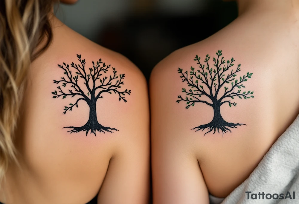 Two matching couples man and women tattoos black tree rings with a splash of green leaves tattoo idea