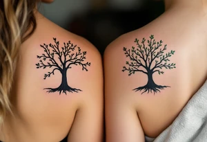 Two matching couples man and women tattoos black tree rings with a splash of green leaves tattoo idea