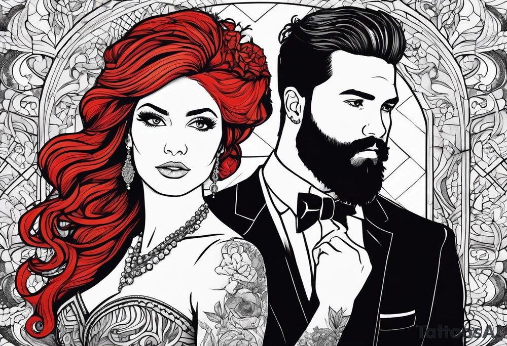 Busty red haired woman with a bearded man who has black hair getting married tattoo idea