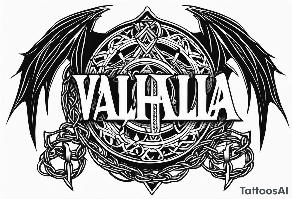 Valhalla sword shield dragon axe Valknut barbed wire chains tribal tattoo idea Valhalla sword shield dragon axe Valknut barbed wire chains tribal tattoo idea