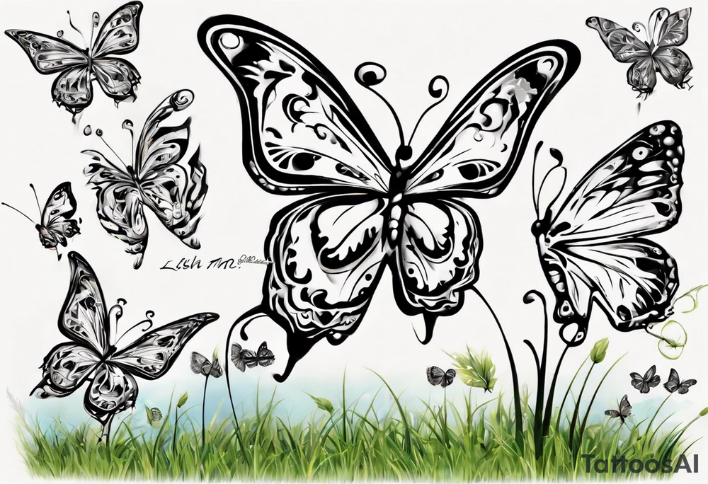 5 butterfly’s dad butterfly, with initial E. O mom butterfly with initial L. O daughter butterfly initial M 2nd daughter with initial M son butterfly initial R.o background the sky beautiful sky colors and grassy area. tattoo idea