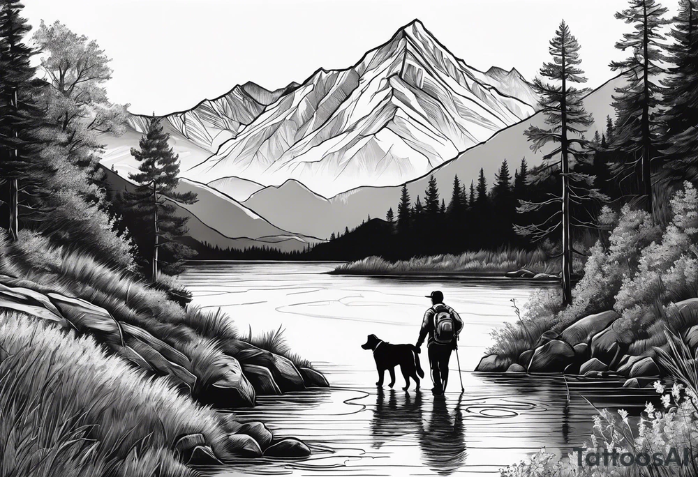 nature, sunset, mountains, a father and son hiking with their dog and cat by the water tattoo idea