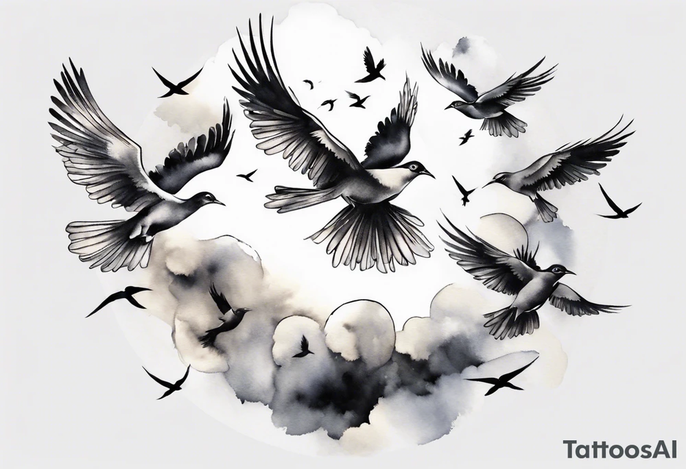 shoulder tattoo with light rays with birds flying free among the clouds, round shape, 3d effect tattoo idea