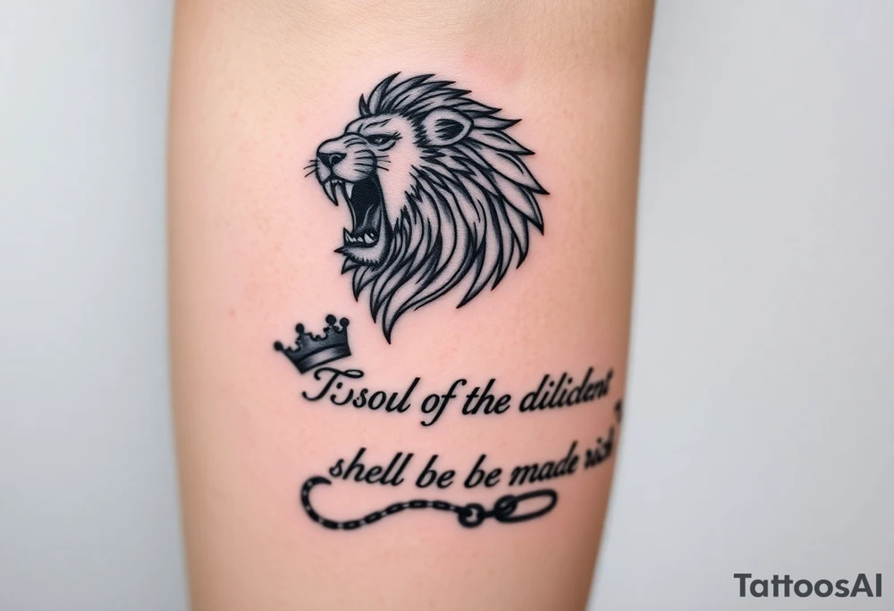 On calf

Top of calf:
	•	Roaring lion (discipline, kingship)

Below:
	•	Broken chain (laziness)
	•	Crown resting on a Bible or stone tablet

Text:
	•	The main line: “The soul of the diligent shall be made rich.” larger
	•	First half smaller above or below
	•	Proverbs reference under the lion’s jaw

This works well if your cover-up needs bold contrast and texture (lion’s mane hides a lot). tattoo idea