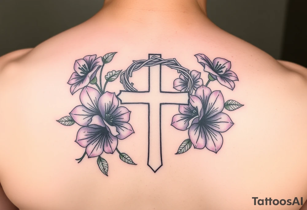 Purple flowers, cross with crown of thorns in tattoo idea