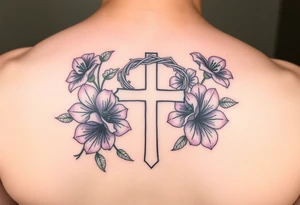 Purple flowers, cross with crown of thorns in tattoo idea