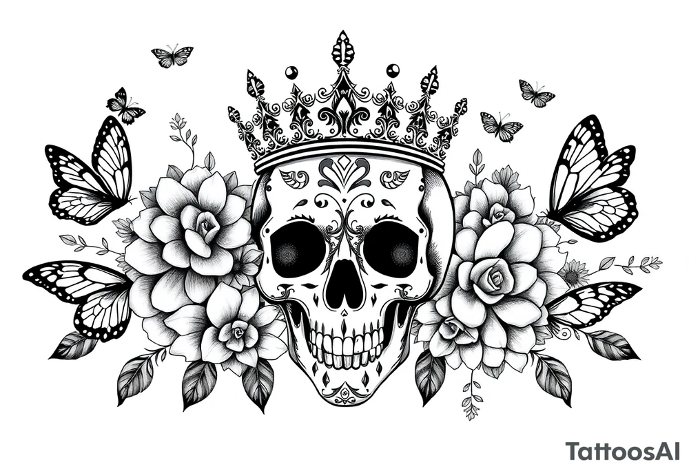 ornate skull adorned with gorgeous crown surrounded by boho flowers and butterflies tattoo idea