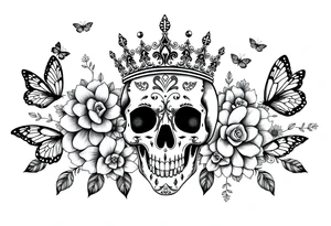 ornate skull adorned with gorgeous crown surrounded by boho flowers and butterflies tattoo idea