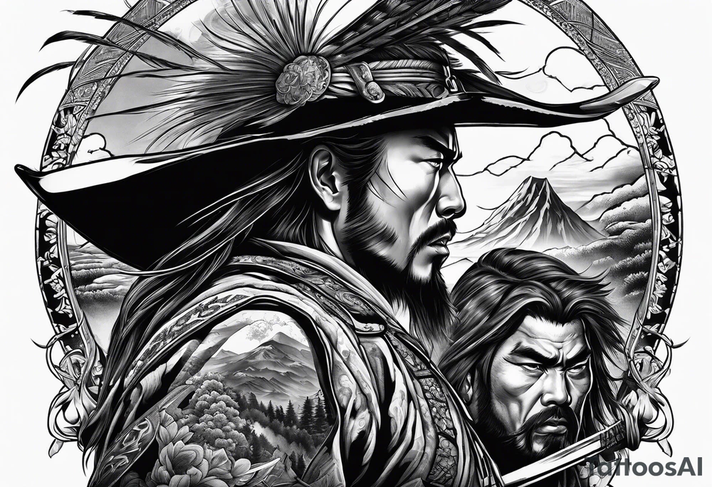 A fight scene between an American cowboy and a japanese samurai tattoo idea