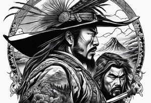 A fight scene between an American cowboy and a japanese samurai tattoo idea