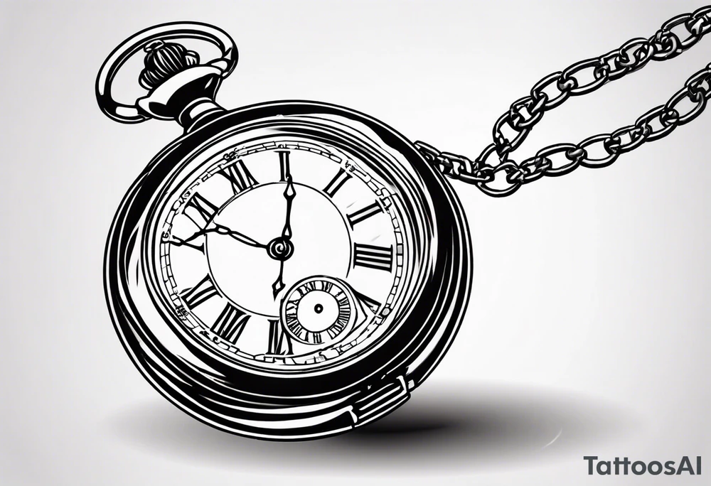 Pocket watch with chain, Roman numerals, date in Roman numerals inside timepiece, classic, elegant, traditional tattoo idea