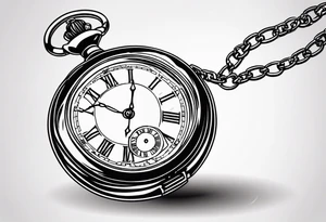 Pocket watch with chain, Roman numerals, date in Roman numerals inside timepiece, classic, elegant, traditional tattoo idea