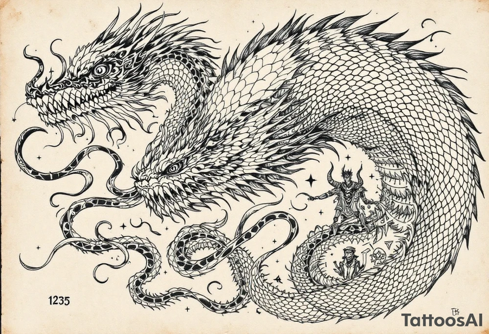 “Create a highly detailed, realistic black-ink tattoo design in a realistic–illustrative style with organic, flowing lines and no text. The unified composition should seamlessly blend these elements:
	•	A realistic Māori taniwha with textured scales, defined eyes, and a serpentine form.
	•	A realistic Loch Ness monster with subtle shading and natural textures, featuring subtle tartan in the background or on its skin, and a dragon-like, scaly appearance.
	•	A realistic Irish púca with lifelike, shape-shifting features.
	•	A subtle, realistic demon with soft shading and two distinct horns.
	•	A ‘strong arm’ logo depicting a realistic arm holding a patu, with the number ‘1235’ subtly integrated.
	•	A stylized, text-free crest symbol representing Hamilton Boys’ High School.
	•	A separate, clearly defined three-star arrangement representing the Speights logo.

The overall design should flow naturally, suitable for an upper back piece, full right sleeve, or right upper leg tattoo, with all elements interconnected in black ink.” tattoo idea