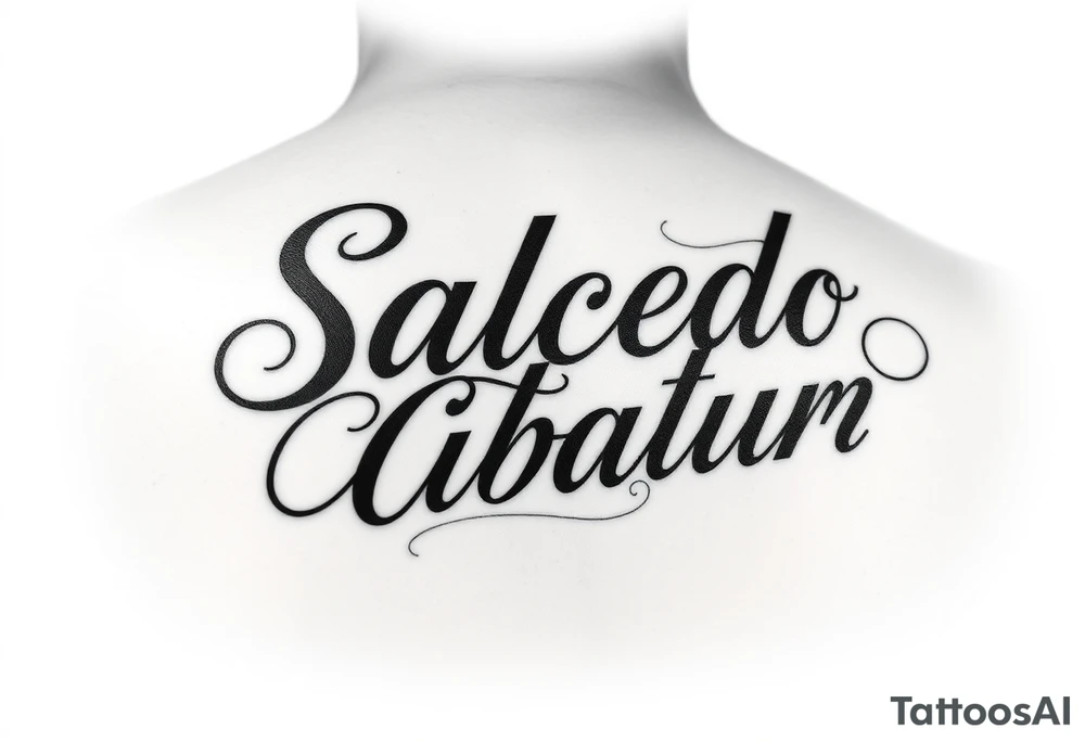 Script tattoo, LA Chicano style, style like alecki ramos the tattoo artist, I need it to say both my last names - Salcedo - Cabalum. One on top of the other. I need it to spread across the top half of my back, touching the top of shoulder blades. tattoo idea