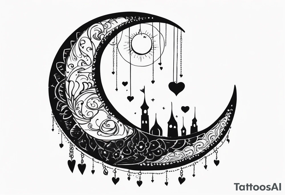 Crescent moon with hearts dangling from the bottom of it tattoo idea
