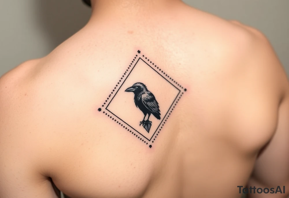 Diamond Geometric design with dotted lines with crow in the center with dark shading for forearm tattoo idea