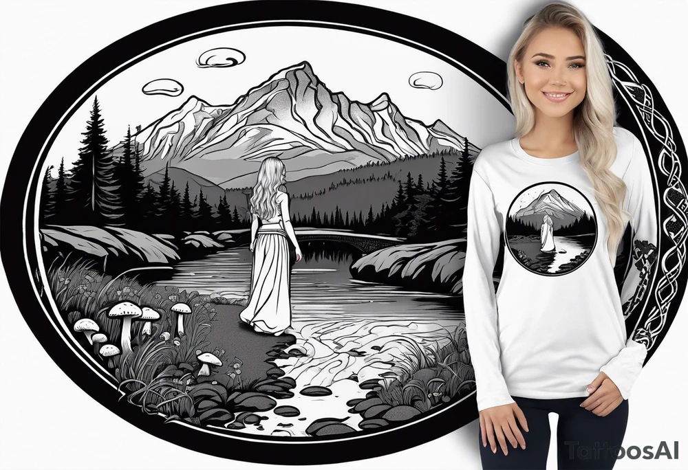 Whole picture encircled fully

Straight long blonde hair hippie girl in distance holding mushrooms in hand facing away toward mountains and creek surrounded by mushrooms long sleeve shirt and hiking pants; whole rendering within a full celtic circle, no cut off circle tattoo idea